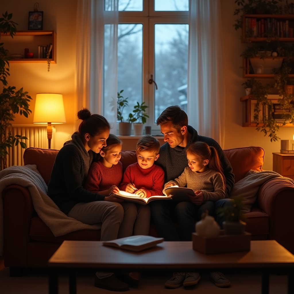 Familie confortabilă acasă pe timp de iarnă după îmbunătățiri termice