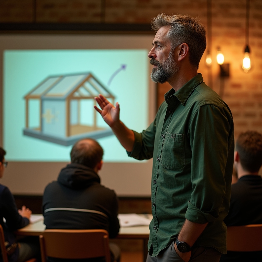 Prezentator explicând concepte de eficiență energetică participanților la workshop